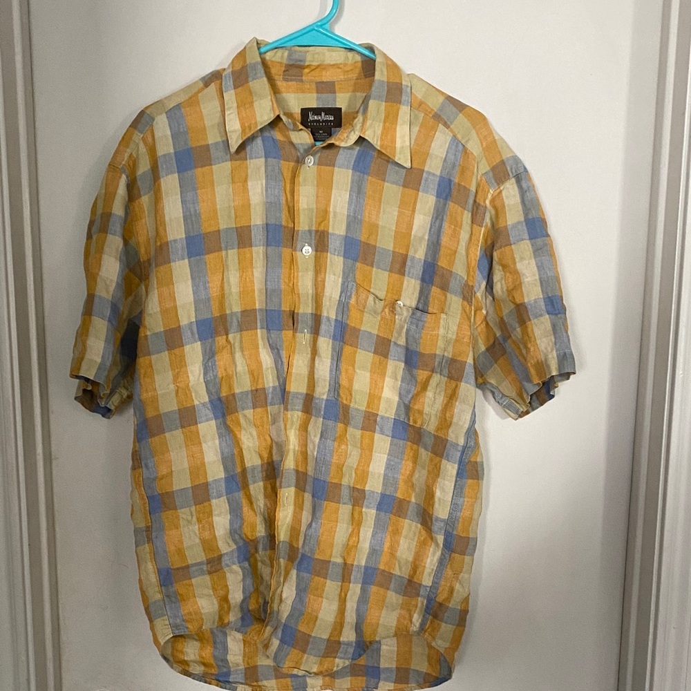 Neiman Marcus Linen Casual Plaid Shirt in Blue and Orange